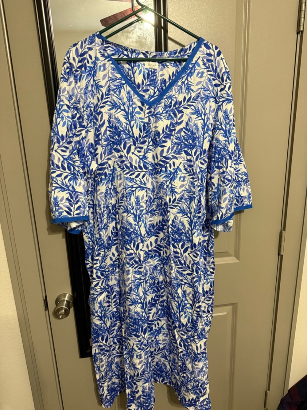 Blue & White Leaf Print V-Neck Women’s Nightgown by Bed Head